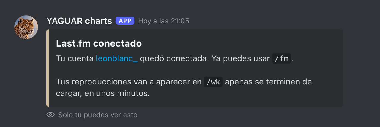 Mensaje del bot confirmando que Last.fm quedó conectado