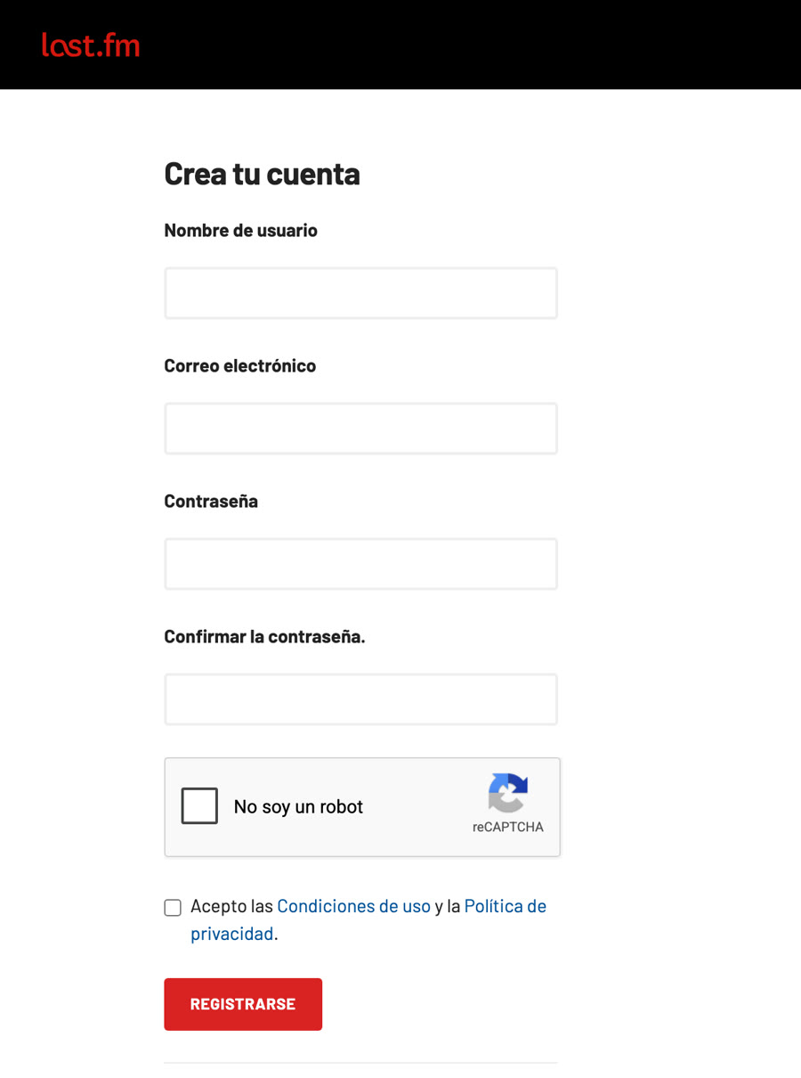 Formulario para crear una cuenta en Last.fm