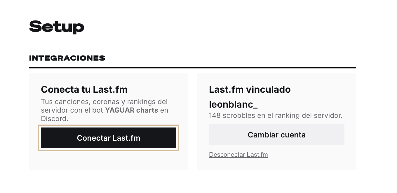 La tarjeta de Last.fm en Setup, Integraciones, del perfil de yaguarcharts.com